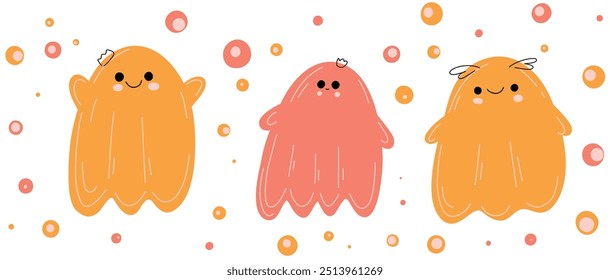 Un conjunto de Ilustraciones vectoriales de lindos fantasmas parecidos a una calabaza. Una divertida fiesta de Halloween de otoño para niños. Las pegatinas son de color naranja con burbujas divertidas.