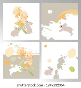 Set of vector illustrations. Cute rabbits on a light background, flowers and splashes of paint. Suitable for textiles, birthday cards, posters.