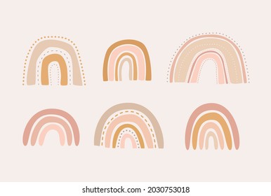 Conjunto de ilustraciones vectoriales Cute los arcos en colores pastel aislados. Arcoiris decorativo, dibujo a mano para el bebé.