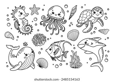 Set of vector illustrations of cute sea animals. Seahorse, jellyfish, whale, fish, shark, turtle, coral, shells 