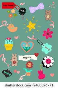 Set of Vector Illustrations: Cute Teddy Bears and Flowers