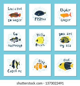 Set of vector illustrations - a cute tropical fish in water with bubbles. Original lettering. For pet shops, aquariums, children's rooms, t-shirts, postcards and posters. Isolated on white background.