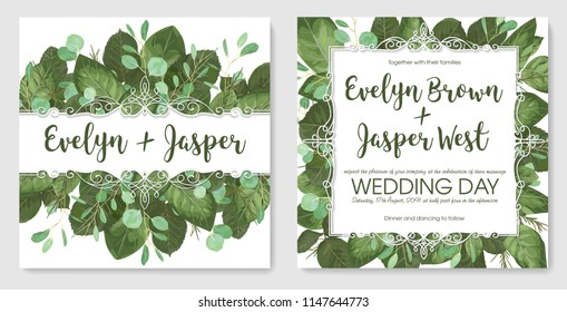 Set of vector illustrations of cute vintage lacy frames with summer foliage and twigs and leaves of eucalyptus. For a wedding invitation, greeting cards, banner, labels, advertising. All elements are 