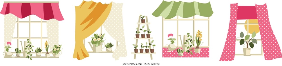 set of vector illustrations with cute windows with bright curtains and flowers in pots