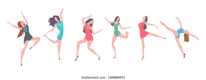 Set of vector illustrations of dancing girls. Isolated characters. Multicolor composition.