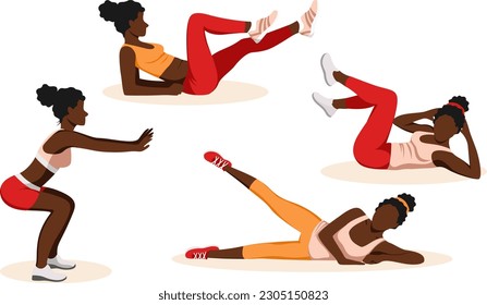 Set of vector illustrations of dark-skinned girls doing different sports exercises on a white background. The concept of a healthy lifestyle, sports at home. Image for sports design, stickers, banners