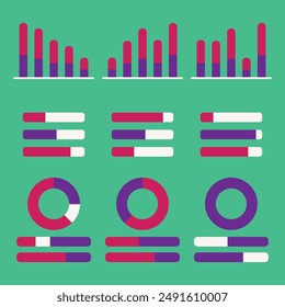 Set of vector illustrations of data analytics. Graphs, bar and pie chart with colors. Can be used in presentation and poster.