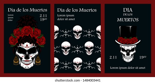 Set of vector illustrations for the day of the dead. Templates for postcards. Mexican skulls with roses. Design elements for flyers, banners, cards, invitation cards.
