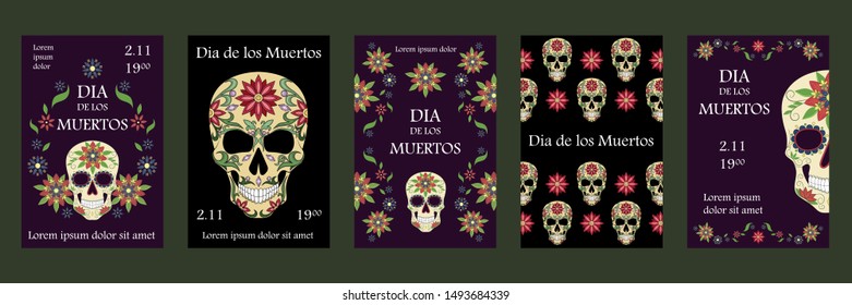 Set of vector illustrations for the day of the dead. Skulls decorated with a pattern. Mexican skulls. Design elements for cards, flyers, banners, invitations.