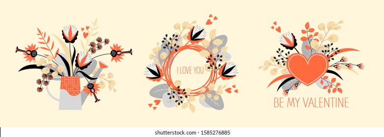 Set of vector illustrations for the day of the saint valentine. Wreath, bouquet and composition of original flowers or leaves in vintage style. Isolated images for design of cards and banners.