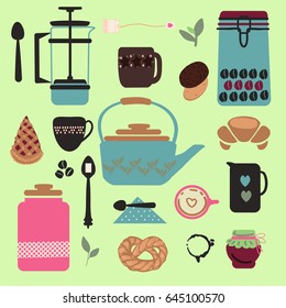 
Set of vector illustrations dedicated to tea and coffee. A set for tea and coffee. A kettle for tea, a kettle for coffee, sweets are all in one set.