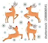 
Set of vector illustrations of deer. Christmas deer in flat style on a white background with snowflakes. Rudolph the reindeer.