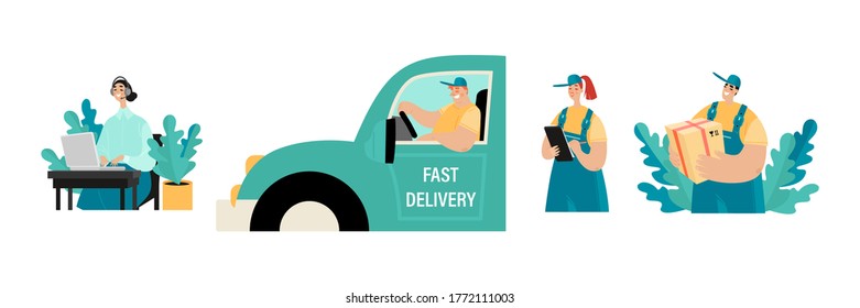 Set of vector illustrations of a delivery service with a call center operator and people in uniform driving and carrying cardboard boxes. Cartoons in a flat style.