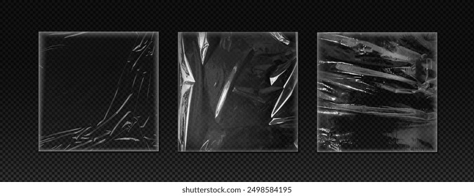 A set of vector illustrations demonstrating the effects of crinkled vinyl and plastic film. Realistic packaging textures for creative design on black isolated background.