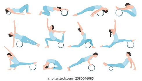 Set of vector illustrations demonstrating exercises with yoga wheel. Young woman workout fitness.