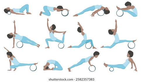 Set of vector illustrations demonstrating exercises with yoga wheel. Young woman workout fitness.
