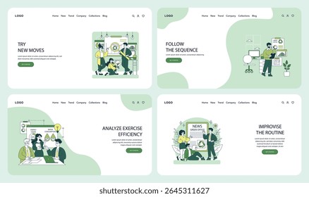 Conjunto de ilustrações vetoriais que descrevem cenários de negócios com colaboração em equipe, planejamento estratégico e otimização de fluxo de trabalho. Personagens envolvidos em discussões e análises.