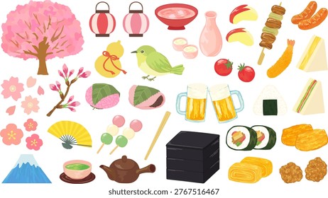A set of vector illustrations depicting cherry blossom viewing, a traditional spring event in Japan.
