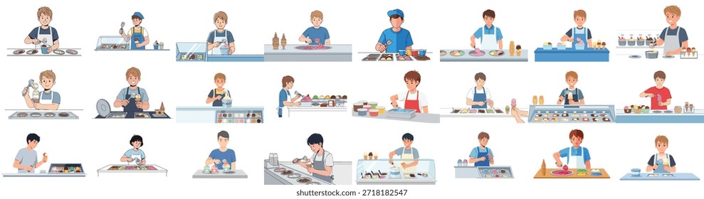 Conjunto de Ilustraciones vectoriales que representan a diversos empleados de heladerías preparando y recogiendo postres congelados, helados y helados detrás del mostrador.