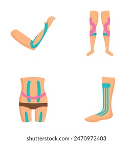 Set of vector illustrations depicting elbow, knee braces, back support belt, and compression sock