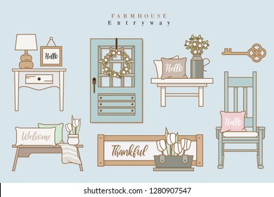 Set of vector illustrations depicting farmhouse home furniture and decor