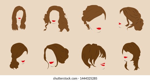 Set of vector illustrations depicting female hairstyles.