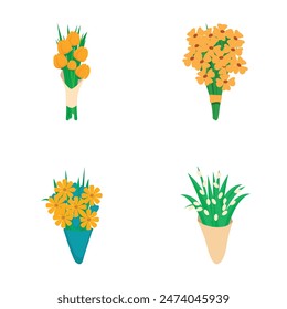 Set of vector illustrations depicting four diverse and vibrant flower bouquets on a white background