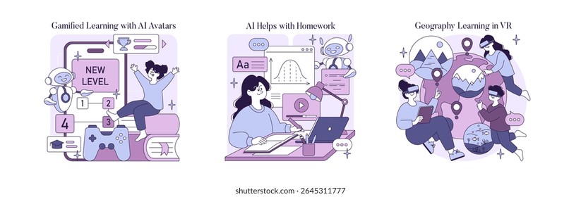 Set of vector illustrations depicting gamified learning with AI avatars, AI assisting with homework, and geography lessons in virtual reality. Engaging and innovative educational concepts.
