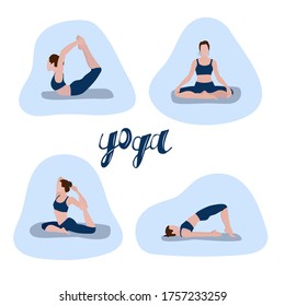 A set of vector illustrations depicting a girl who shows yoga poses. Design for a booklet, flyer, poster.