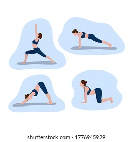 A set of vector illustrations depicting a girl who shows yoga poses. Design for the design of a booklet, flyer, poster. Design for website design, guide, flyers