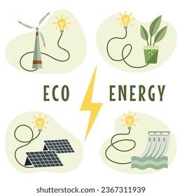 A set of vector illustrations depicting green energy sources. Concept of environmental protection, renewable energy sources. Background images for poster, banner, cover.