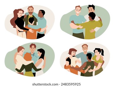 A set of vector illustrations depicting groups of men and women, of different ages, tenderly hugging. Ideal for themes of unity, community support and affection. Stickers on an isolated background.