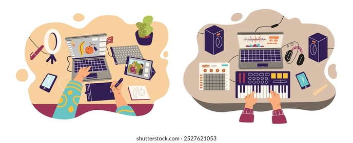 A set of vector illustrations depicting hands working on creating a musical composition and illustration using a laptop, a graphics tablet and a midi keyboard.