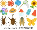 A set of vector illustrations depicting insect collecting during Japanese summer holidays