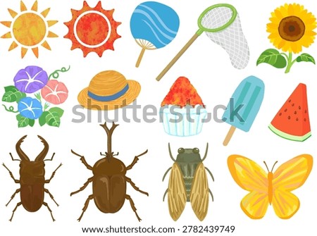 A set of vector illustrations depicting insect collecting during Japanese summer holidays