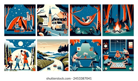 A set of vector illustrations depicting leisure and travel activities, from camping to chess, showcasing enjoyment in both outdoor and indoor settings