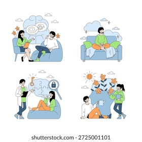 Conjunto de ilustrações vetoriais que descrevem atividades de saúde mental e bem-estar. As cenas incluem discussão de terapia, prática de meditação, resolução de problemas e crescimento positivo. Ideal para profissionais de saúde