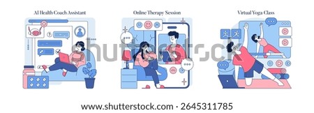 Set of vector illustrations depicting modern digital health solutions. Includes AI health coach assistant, online therapy session, and virtual yoga class. Illustrations show engaging and interactive