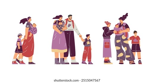 Um conjunto de ilustrações vetoriais que retratam mães com crianças nos portadores, enfatizando a segurança e a facilidade de movimento com a família. Design plano em fundo isolado.