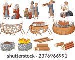 A set of vector illustrations depicting Noah's Ark and David and Goliath