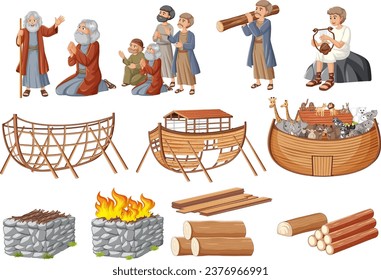 A set of vector illustrations depicting Noah's Ark and David and Goliath