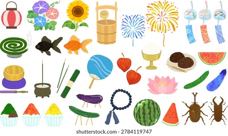 A set of vector illustrations depicting the Obon festival, a part of Japanese culture