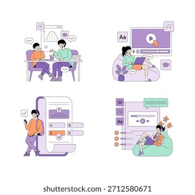 Set of vector illustrations depicting online learning scenarios, including a group discussion, solo study, quiz taking, and relaxation amidst study. Emphasizes digital education with students engaged