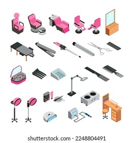 A set of vector illustrations depicting salon equipment on a white background.