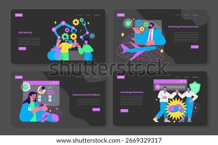 Set of vector illustrations depicting skill mastery, performance data review, VR assessments, and knowledge retention. Vibrant visuals show teamwork, technology, and innovation.