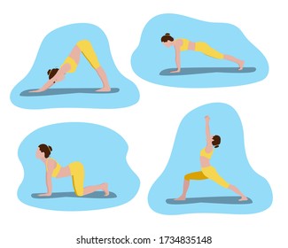 Set of vector illustrations depicting a sporty young woman doing yoga and fitness exercises. A collection of female characters demonstrating various yoga poses against a blue background.