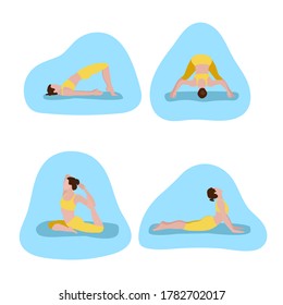 Set of vector illustrations depicting a sporty young woman doing yoga and fitness exercises. Healthy lifestyle concept. Design for the site of the gym and fitness club, printing a booklet, poster