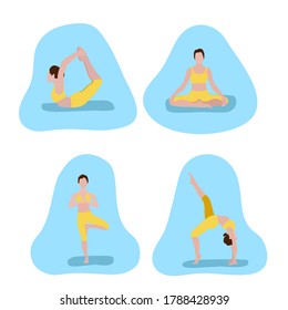 Set of vector illustrations depicting a sporty young woman doing yoga and fitness exercises. Healthy lifestyle concept. Design for the site of the gym and fitness club, printing a booklet, poster