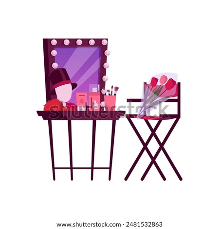 A set of vector illustrations depicting a studio dressing room with a mirror, light bulbs, a table, a chair with a bouquet of tulips and much more