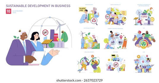 Set of vector illustrations depicting sustainable development in business. Includes concepts like reducing emissions, ESG, and circular economy. Ideal for educational and corporate use.